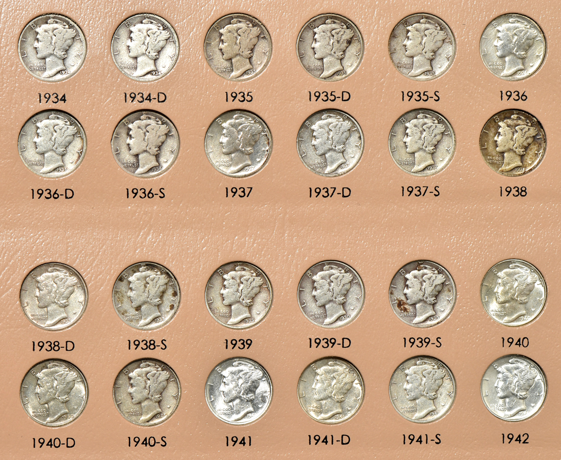 Collection of Mercury dimes in a complete Dansco 7123 album