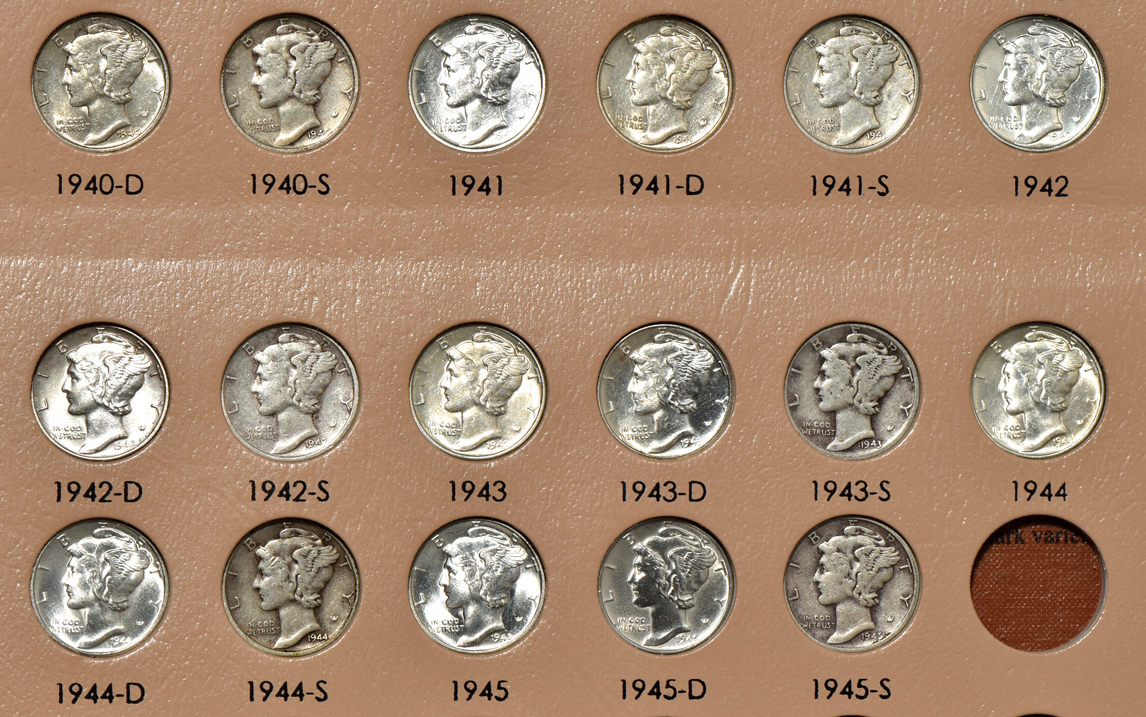 Collection of Mercury dimes in a complete Dansco 7123 album