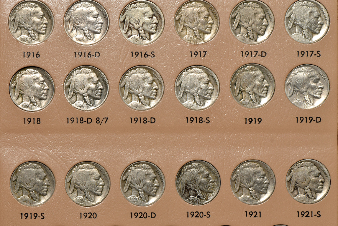 Collection of Buffalo nickels in a complete Dansco 7112 album
