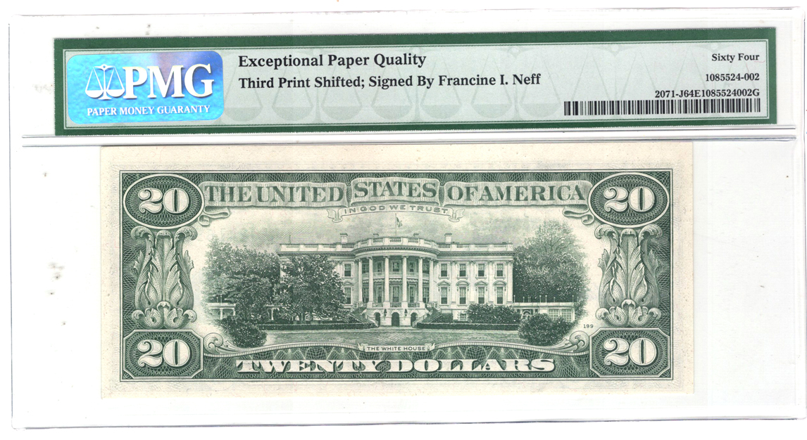 Error Currency - 1974 $20 Kansas City FRN Fr# 2071-J Misalignment Error with Francine I. Neff autograph - PMG ChCU-64 EPQ