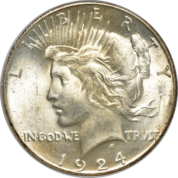 Four Peace silver dollars certified by PCGS