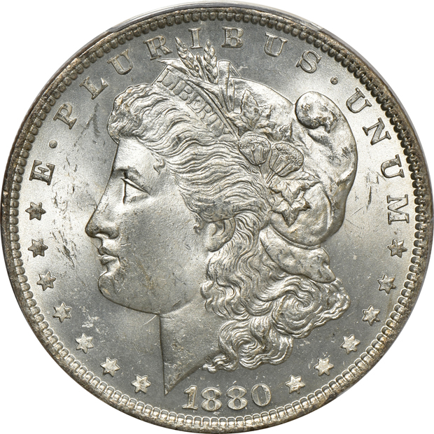 1879 MS-65, 1880 MS-65, and 1891 MS-64, all PCGS