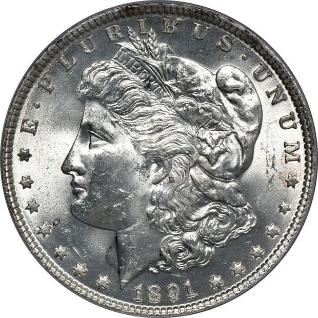 1879 MS-65, 1880 MS-65, and 1891 MS-64, all PCGS