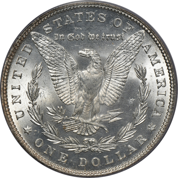 Four Uncirculated Morgan silver dollars certified by PCGS