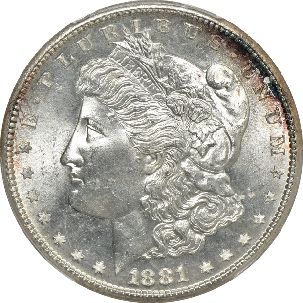 Four Uncirculated Morgan silver dollars certified by PCGS