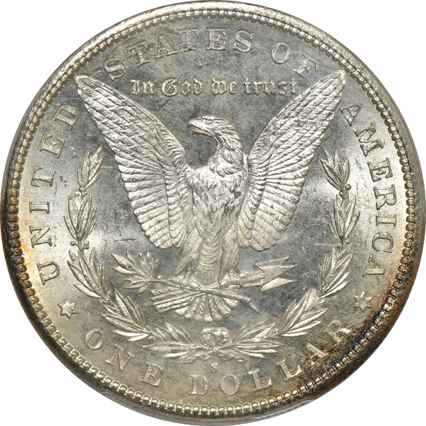 Four Uncirculated Morgan silver dollars certified by PCGS