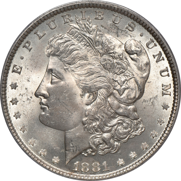 Four Uncirculated Morgan silver dollars certified by PCGS