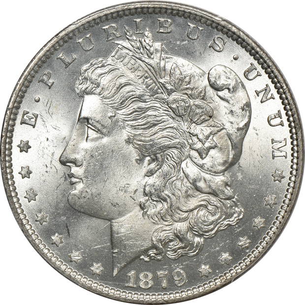 Four Uncirculated Morgan silver dollars certified by PCGS