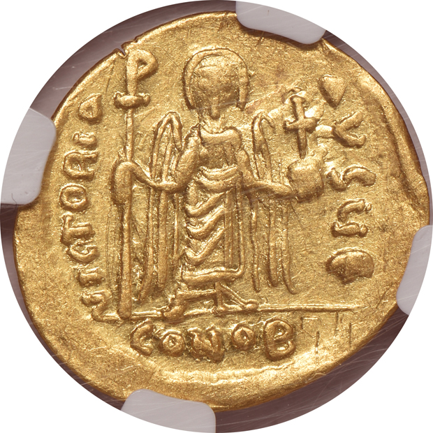 Byzantine Empire - AD 527-565 solidus Ch AU, and an AD 602-610 solidus XF, both NGC
