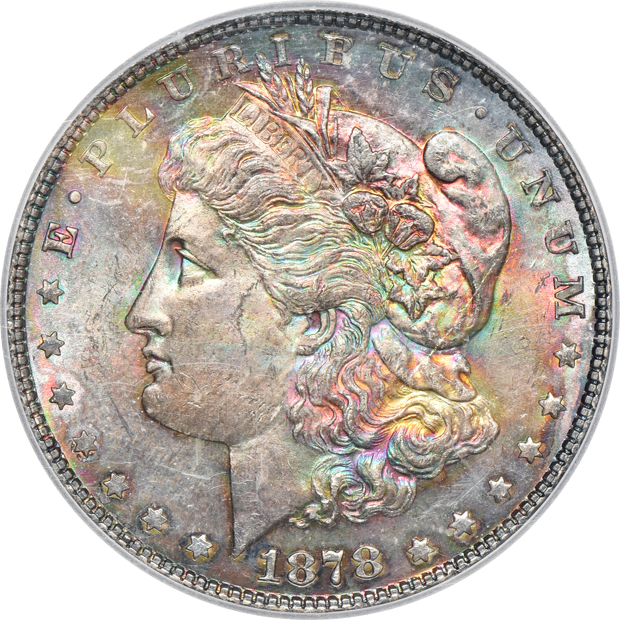 1878 7TF Reverse of 1878 Morgan silver dollar ICG MS-65, 1935 Peace silver dollar ANACS MS-65, and a 1935-S Peace silver dollar PCI MS-65