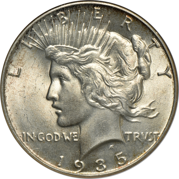 1878 7TF Reverse of 1878 Morgan silver dollar ICG MS-65, 1935 Peace silver dollar ANACS MS-65, and a 1935-S Peace silver dollar PCI MS-65