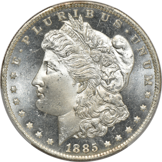 1879 MS-64+, 1880-S MS-65+, and an 1885-O MS-65PL, all PCGS CAC