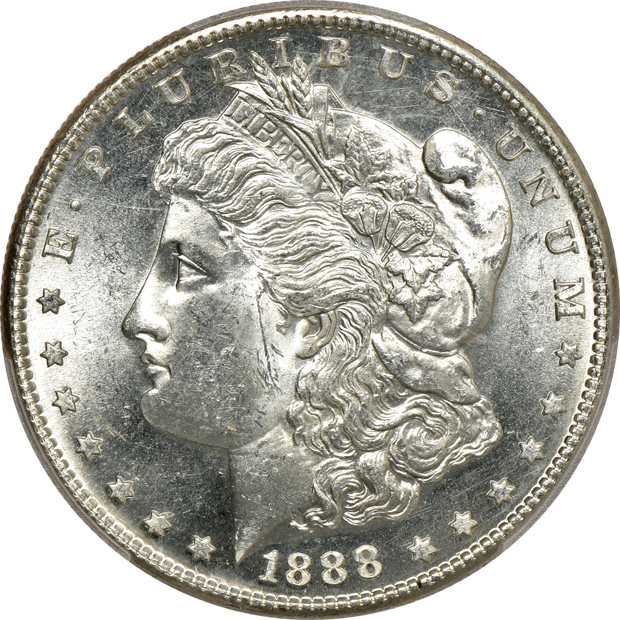 1888-S MS-62, and an 1888-S MS-62+ CAC, both PCGS