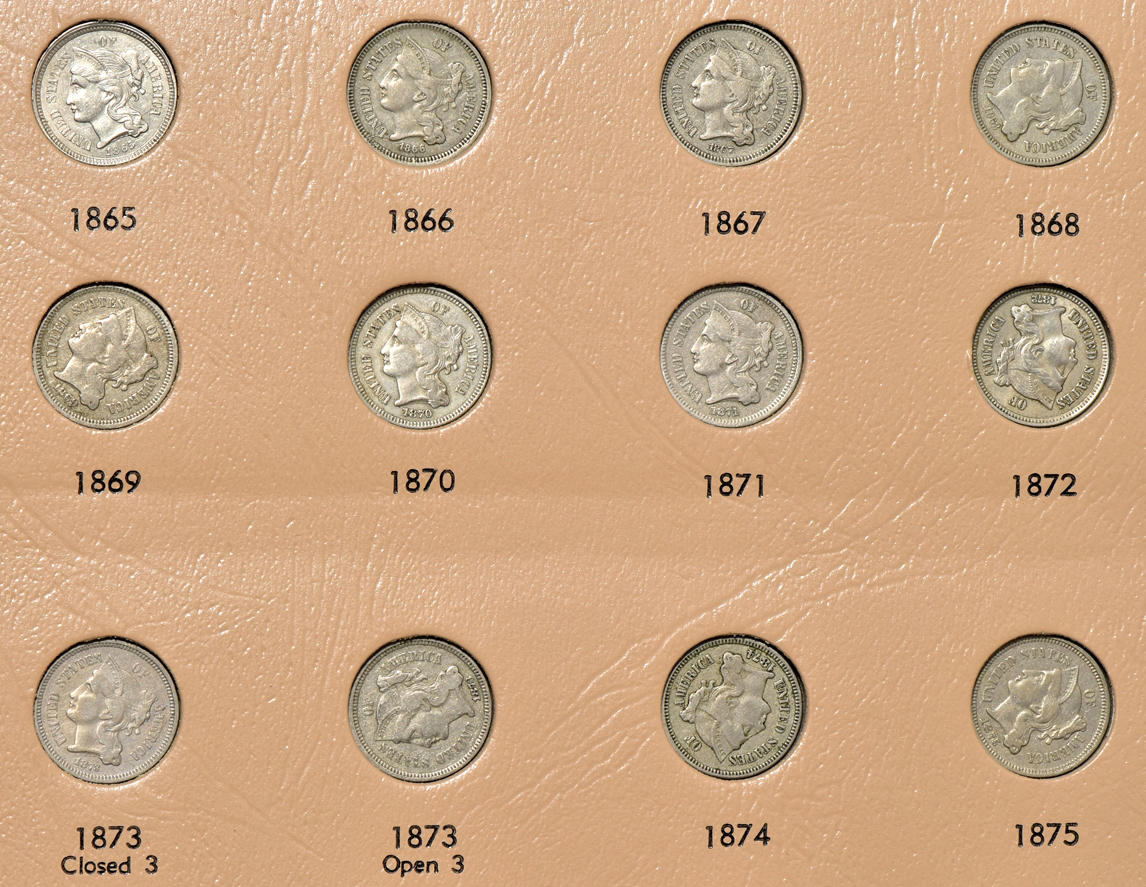 Collections of two-cent pieces and nickel three-cent pieces in a Dansco 6108 album
