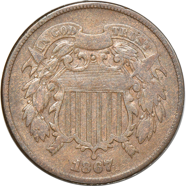 Collections of two-cent pieces and nickel three-cent pieces in a Dansco 6108 album