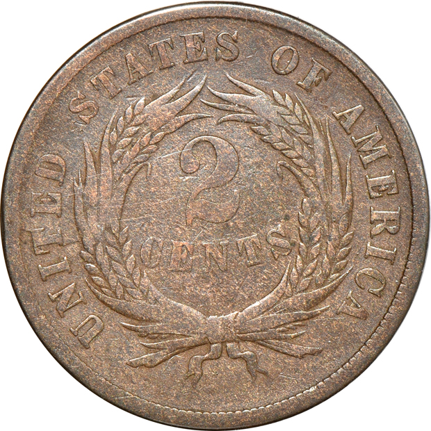 Collections of two-cent pieces and nickel three-cent pieces in a Dansco 6108 album