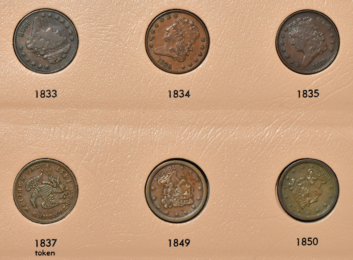Collection of 38 different half-cents in a Dansco 7098 album