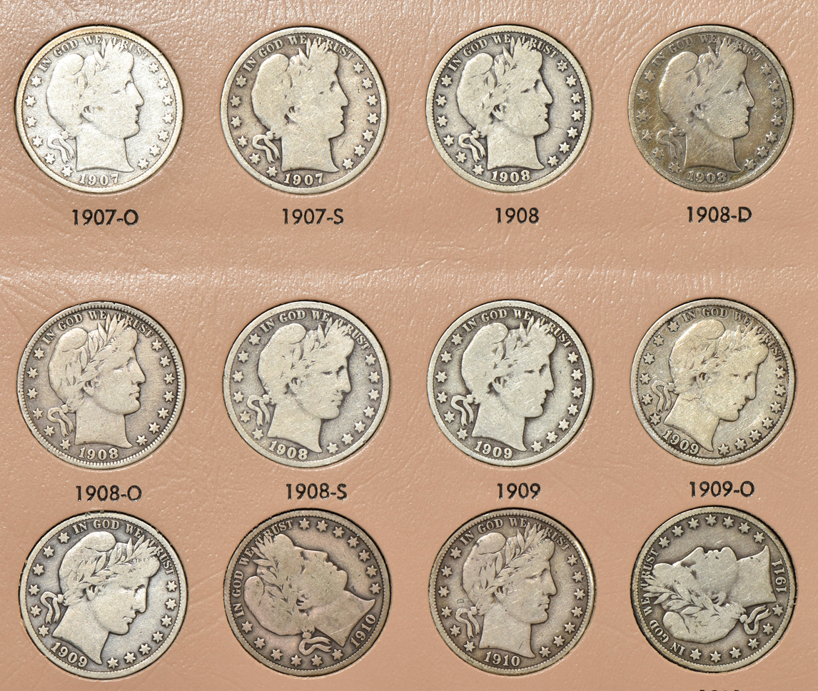 Complete collection of Barber half-dollars in a Dansco 7150 album