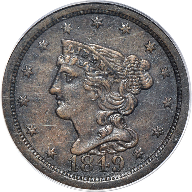 1849 XF-45, 1854 AU-58, and an 1855 MS-64BN, all PCGS