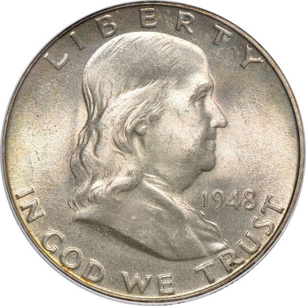 Four Franklin half-dollars certified MS-66FBL by PCGS