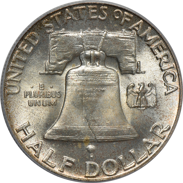 Five Franklin half-dollars certified MS-66FBL by PCGS