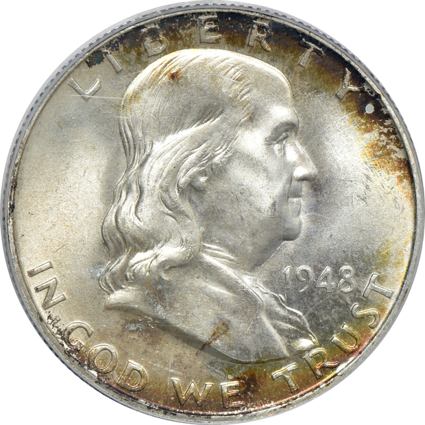 Five Franklin half-dollars certified MS-66FBL by PCGS