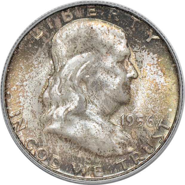 Five Franklin half-dollars certified MS-66FBL by PCGS