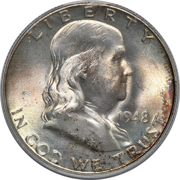 Five Franklin half-dollars certified MS-66FBL by PCGS
