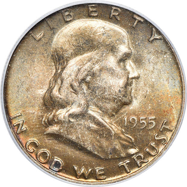 Five Franklin half-dollars certified MS-66FBL by PCGS