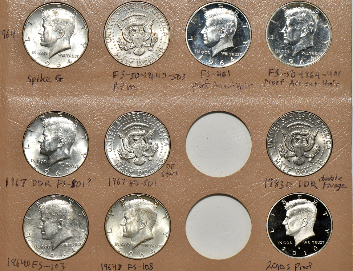 Collection of 94 Kennedy half-dollars, including varieties, in a Dansco album