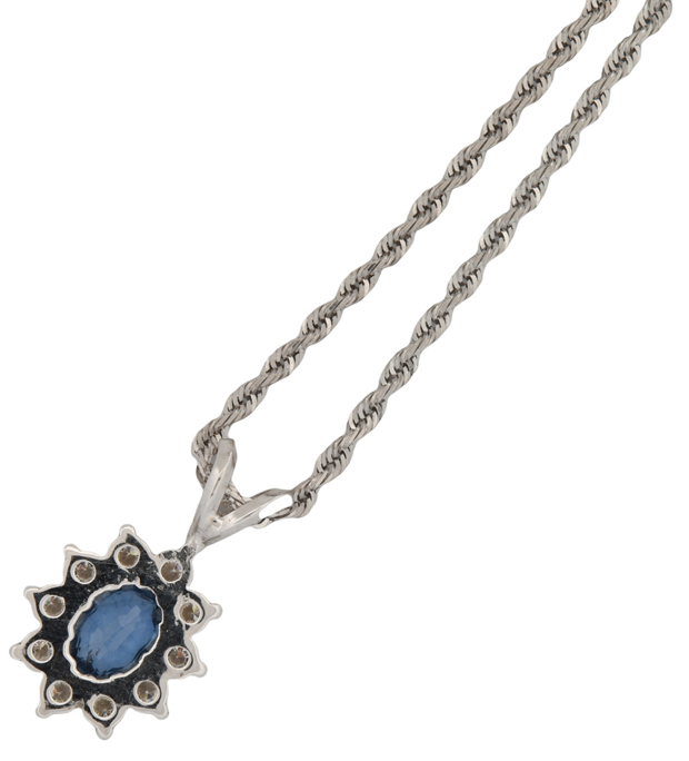14K White Gold Diamond and Sapphire Pendant