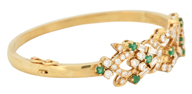 18K Yellow Gold Diamond and Emerald Bangle