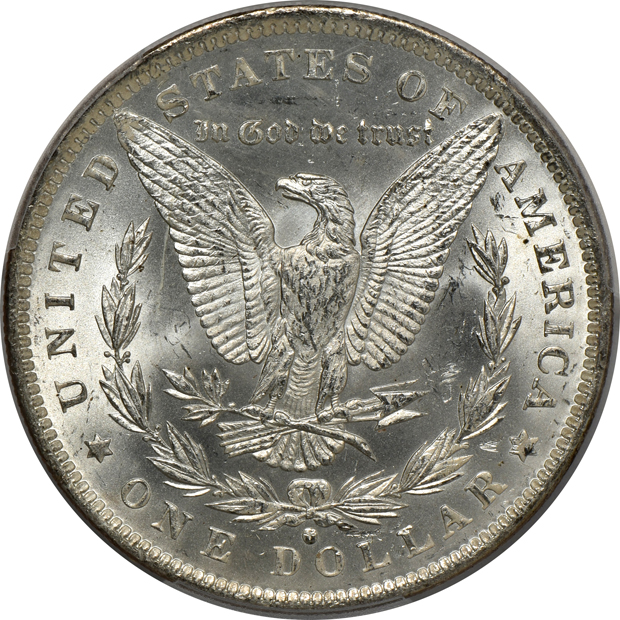 Four Uncirculated Morgan silver dollars certified by PCGS