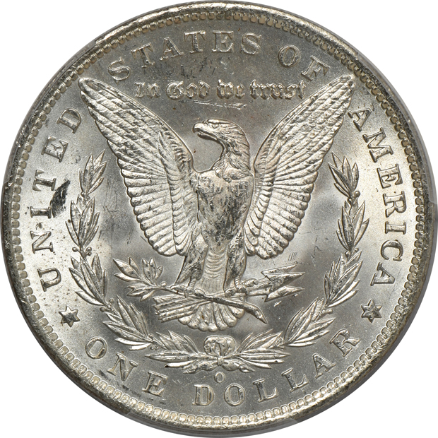 Four Uncirculated Morgan silver dollars certified by PCGS