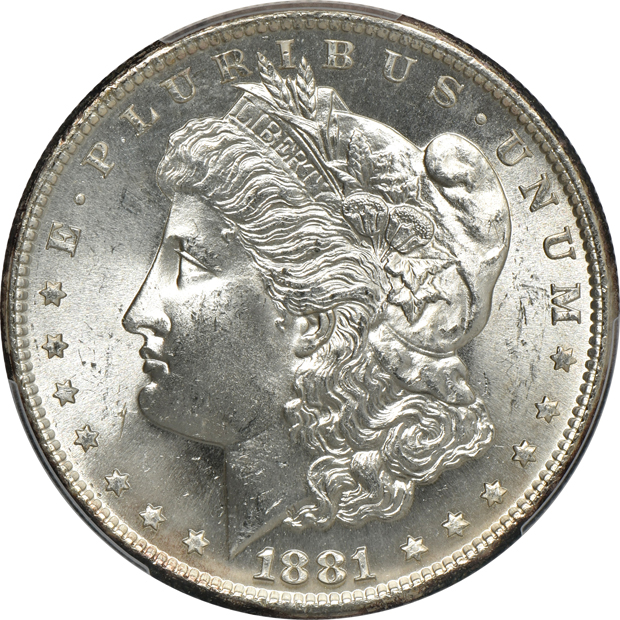 Four Morgans silver dollars, all PCGS CAC