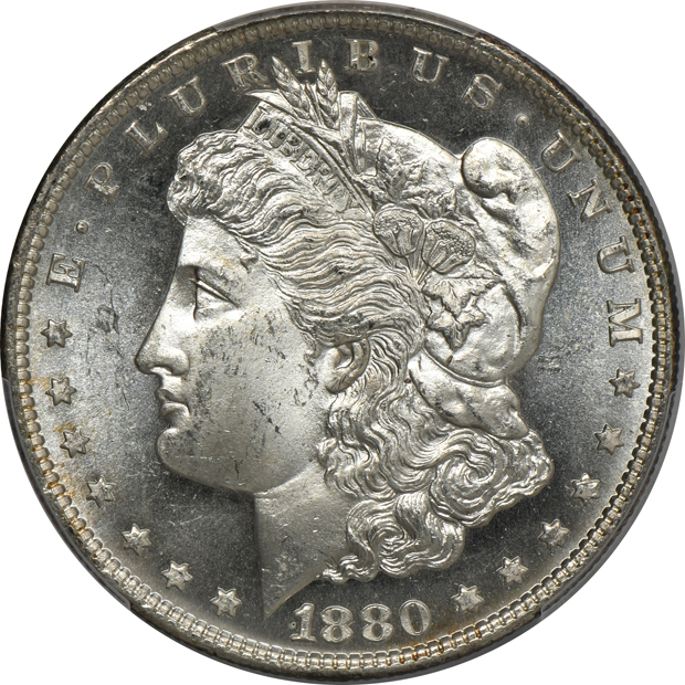 Four Morgans silver dollars, all PCGS CAC