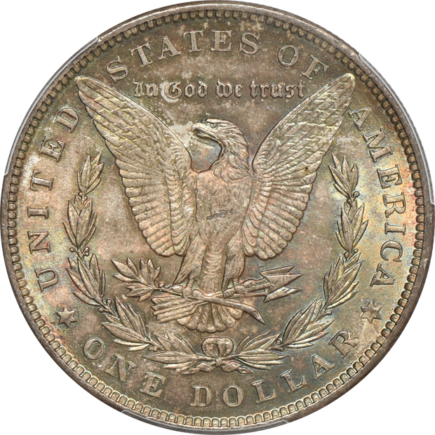 Five incredibly toned Morgan silver dollars, all PCGS MS-63 CAC