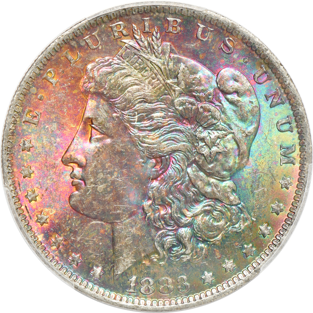 Five incredibly toned Morgan silver dollars, all PCGS MS-63 CAC
