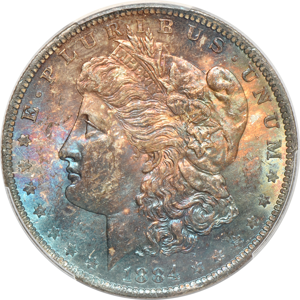 Five incredibly toned Morgan silver dollars, all PCGS MS-63 CAC