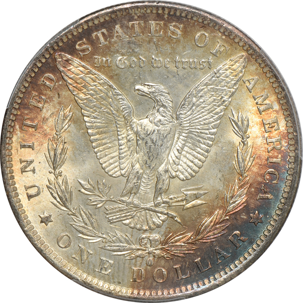 Five incredibly toned Morgan silver dollars, all PCGS MS-63 CAC