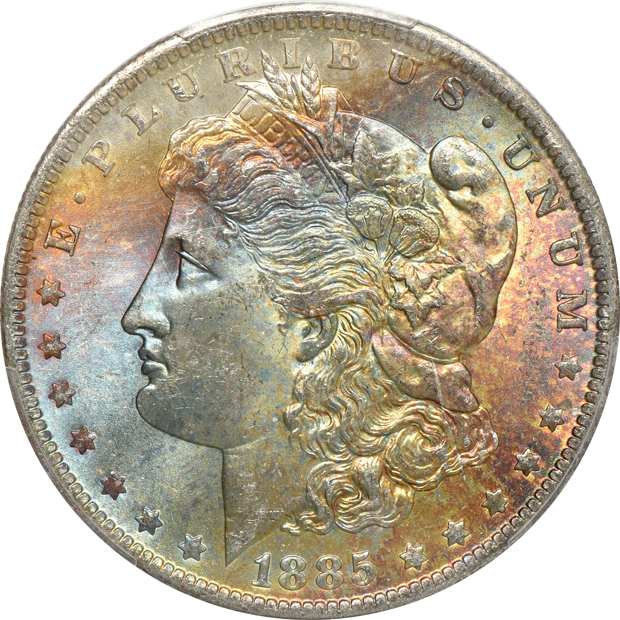 Six beautifully toned Morgan silver dollars, all PCGS MS-64 CAC