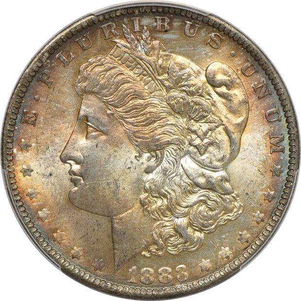 Six beautifully toned Morgan silver dollars, all PCGS MS-64 CAC