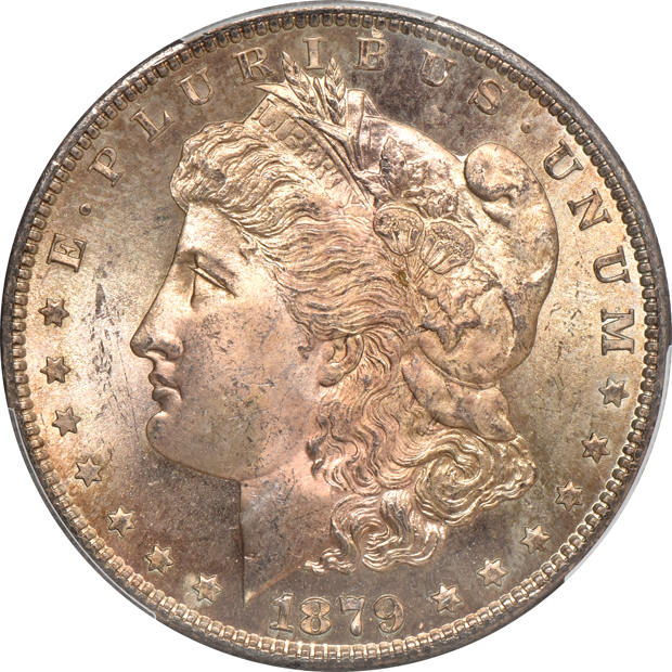 Six beautifully toned Morgan silver dollars, all PCGS MS-64 CAC