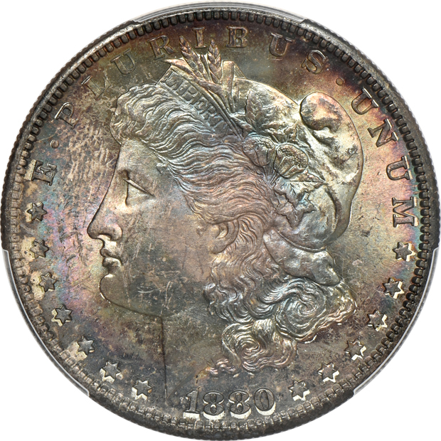 Six beautifully toned Morgan silver dollars, all PCGS MS-64 CAC