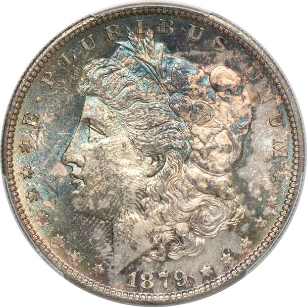 Six beautifully toned Morgan silver dollars, all PCGS MS-64 CAC