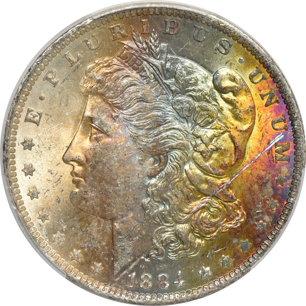 Five lovely toned Morgan silver dollars, all PCGS MS-63 CAC