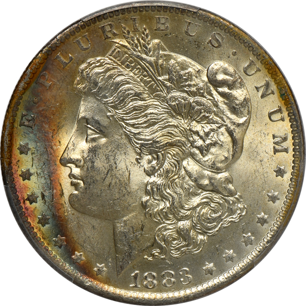Five lovely toned Morgan silver dollars, all PCGS MS-63 CAC