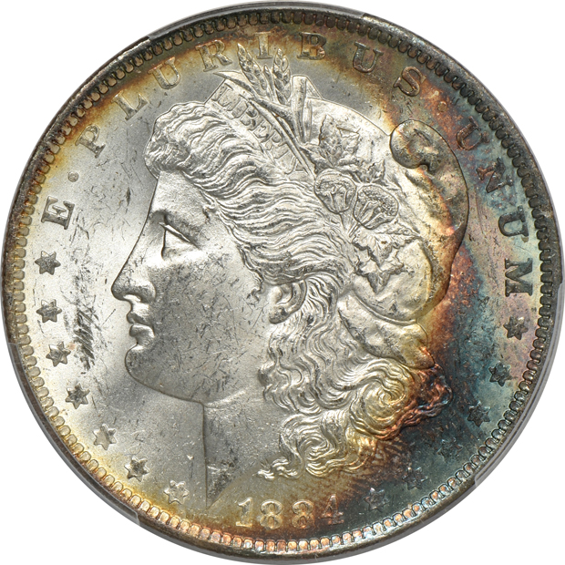 Five lovely toned Morgan silver dollars, all PCGS MS-63 CAC