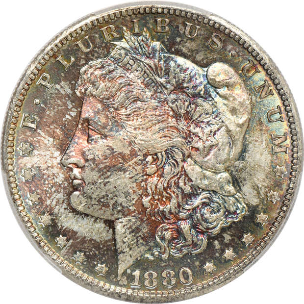 Five nicely toned Uncirculated Morgan silver dollars, all PCGS