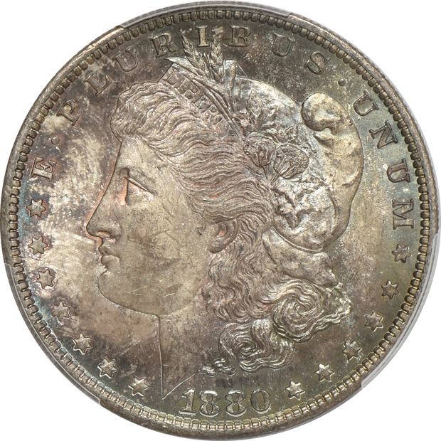 Five nicely toned Uncirculated Morgan silver dollars, all PCGS